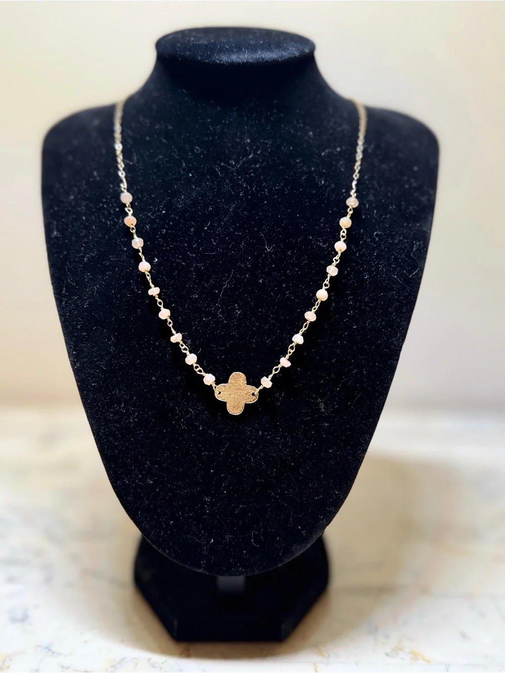 Gold Clover Pendant Beaded Necklace - Handmade